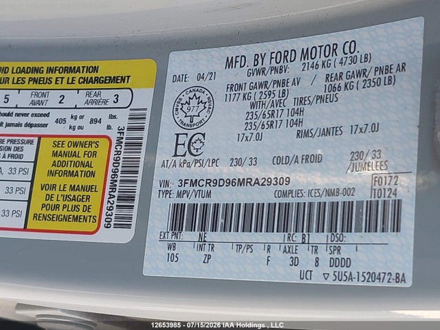 12653985 :رقم المزاد ، 3FMCR9D96MRA29309 vin ، 2021 Ford Bronco Sport Badlands مزاد بيع
