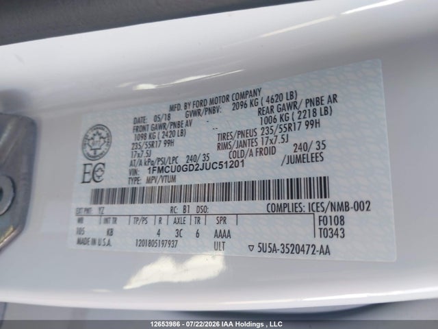 Продаж на аукціоні авто 2018 Ford Escape Se, vin: 1FMCU0GD2JUC51201, номер лоту: 12653986