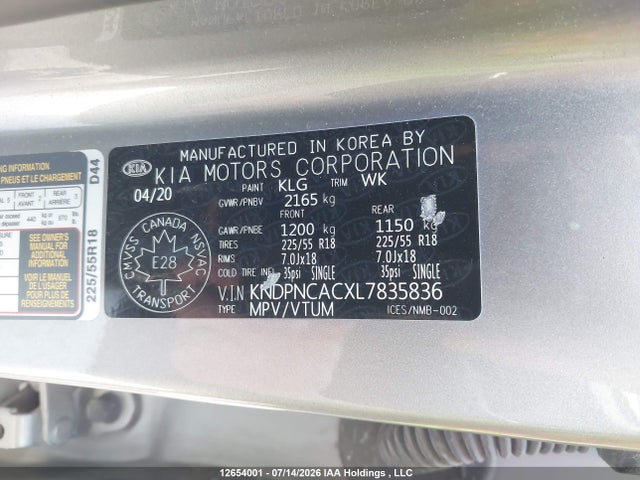 2020 Kia Sportage Ex/ex Premium/ex Premium S/ex S/ex Tech მანქანა იყიდება აუქციონზე, vin: KNDPNCACXL7835836, აუქციონის ნომერი: 12654001