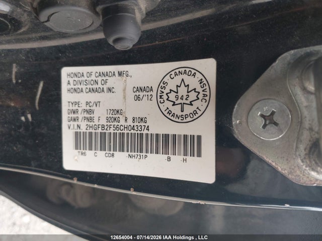 Продаж на аукціоні авто 2012 Honda Civic Lx, vin: 2HGFB2F56CH043374, номер лоту: 12654004