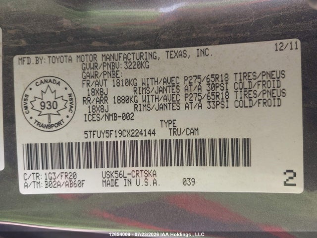 Aukcja sprzedaży 2012 Toyota Tundra Sr5 5.7l V8, vin: 5TFUY5F19CX224144, numer aukcji: 12654009