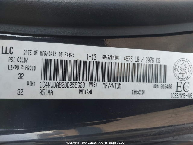Продажа на аукционе авто 2013 Jeep Compass Sport/north, vin: 1C4NJDAB2DD259629, номер лота: 12654011