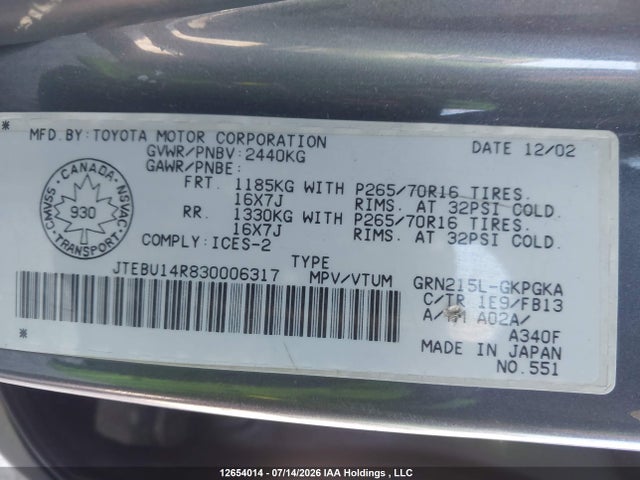 12654014 :رقم المزاد ، JTEBU14R830006317 vin ، 2003 Toyota 4runner مزاد بيع