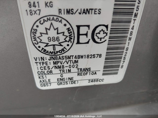 Aukcja sprzedaży 2011 Nissan Rogue Sv, vin: JN8AS5MT4BW182578, numer aukcji: 12654034