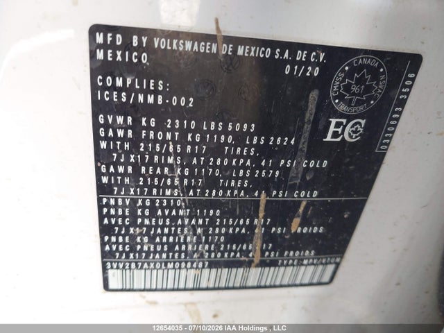 12654035 :رقم المزاد ، 3VV2B7AX0LM098487 vin ، 2020 Volkswagen Tiguan Se/sel مزاد بيع