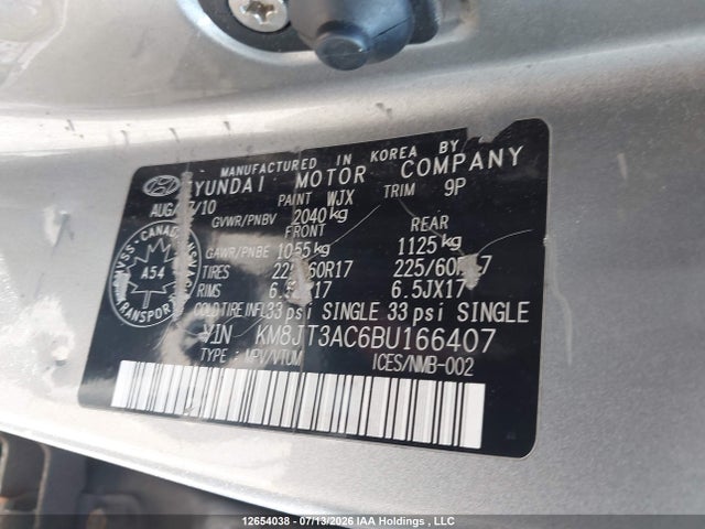 12654038 :رقم المزاد ، KM8JT3AC6BU166407 vin ، 2011 Hyundai Tucson Gl/gls مزاد بيع