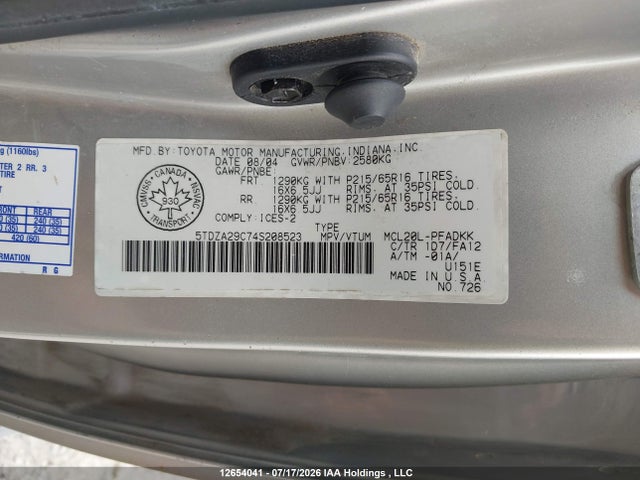 2004 Toyota Sienna Ce მანქანა იყიდება აუქციონზე, vin: 5TDZA29C74S208523, აუქციონის ნომერი: 12654041