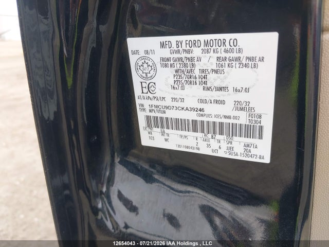 2012 Ford Escape Xlt მანქანა იყიდება აუქციონზე, vin: 1FMCU9D73CKA39246, აუქციონის ნომერი: 12654043