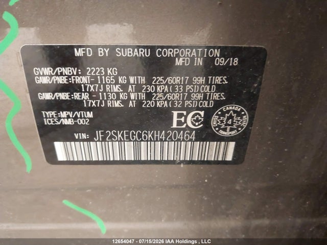 12654047 :رقم المزاد ، JF2SKEGC6KH420464 vin ، 2019 Subaru Forester 2.5i Convenience/2.5i Touring مزاد بيع