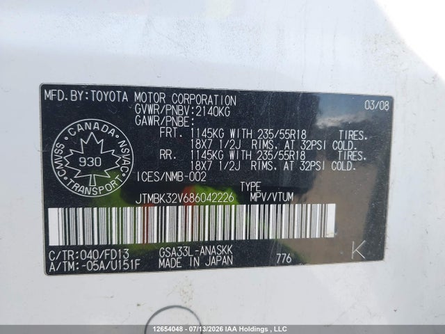 Продаж на аукціоні авто 2008 Toyota Rav4 Sport V6, vin: JTMBK32V686042226, номер лоту: 12654048