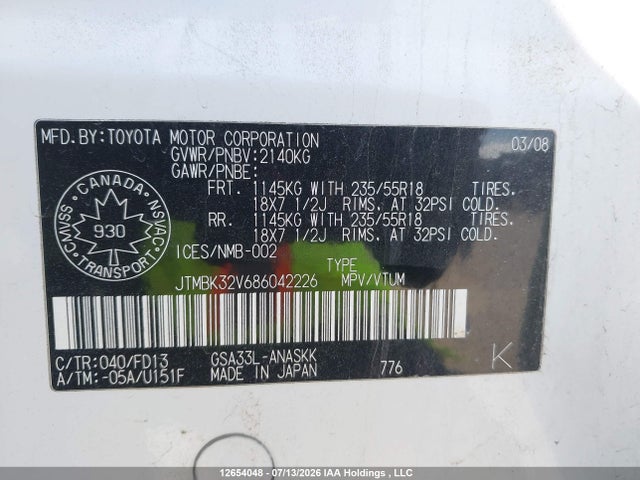 Продаж на аукціоні авто 2008 Toyota Rav4 Sport V6, vin: JTMBK32V686042226, номер лоту: 12654048