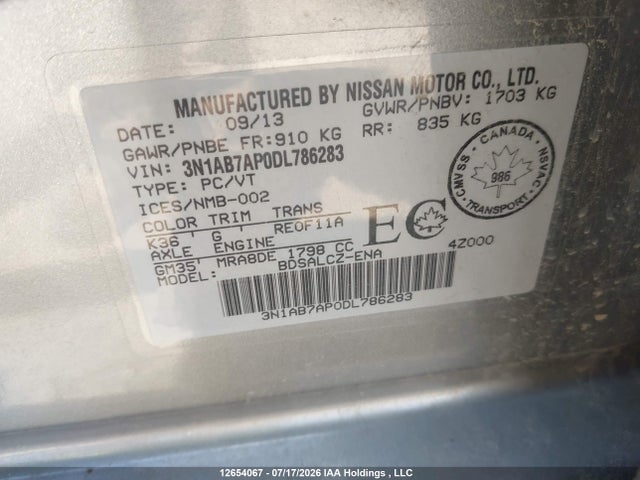 Продаж на аукціоні авто 2013 Nissan Sentra 1.8 S/1.8 Sv, vin: 3N1AB7AP0DL786283, номер лоту: 12654067