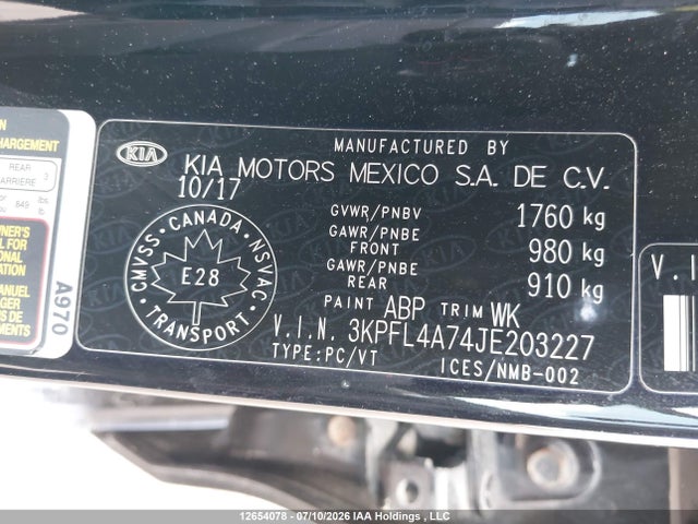 12654078 :رقم المزاد ، 3KPFL4A74JE203227 vin ، 2018 Kia Forte Lx/lx+ مزاد بيع