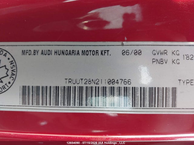 2001 Audi Tt Quaro მანქანა იყიდება აუქციონზე, vin: TRUUT28N211004766, აუქციონის ნომერი: 12654090