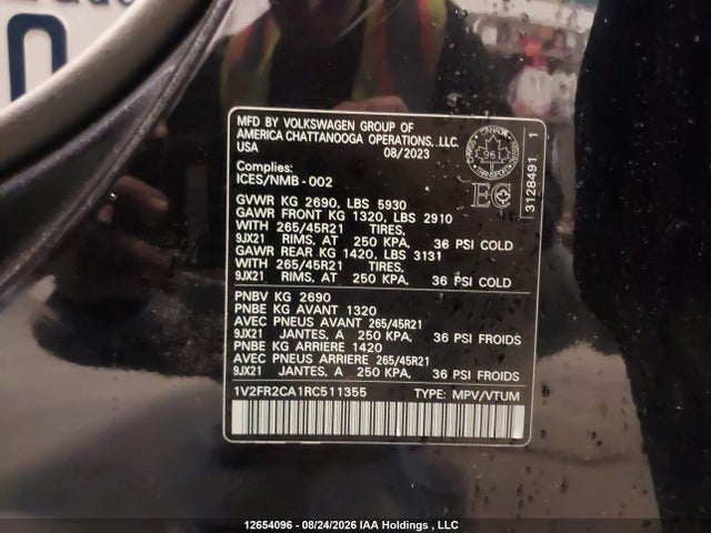1V2FR2CA1RC511355 Volkswagen Atlas 2.0 Tsi Execline