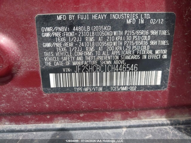 Продажа на аукционе авто 2012 Subaru Forester 2.5x, vin: JF2SHCBC1CH446546, номер лота: 12654099