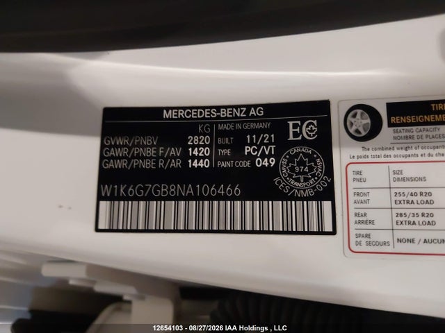 Auction sale of the 2022 Mercedes-benz S 580 4matic, vin: W1K6G7GB8NA106466, lot number: 12654103