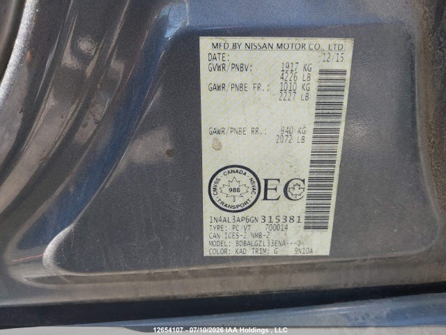1N4AL3AP6GN315381 Nissan Altima 2.5/s/sv/sl/sr