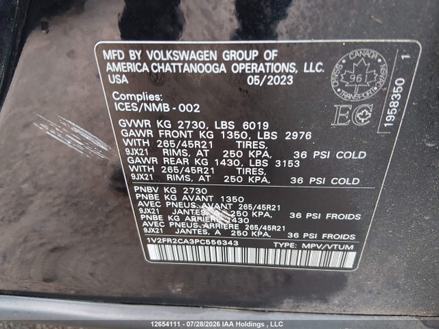Продаж на аукціоні авто 2023 Volkswagen Atlas 3.6 Fsi Execline, vin: 1V2FR2CA3PC556343, номер лоту: 12654111