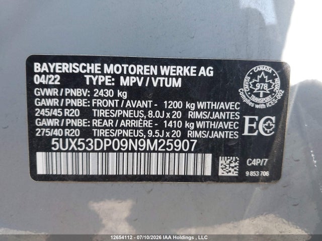 Продаж на аукціоні авто 2022 Bmw X3 Xdrive30i, vin: 5UX53DP09N9M25907, номер лоту: 12654112