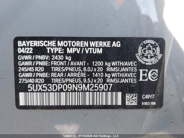 Продаж на аукціоні авто 2022 Bmw X3 Xdrive30i, vin: 5UX53DP09N9M25907, номер лоту: 12654112