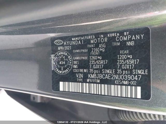 Aukcja sprzedaży 2022 Hyundai Tucson Sel, vin: KM8JBCAE2NU039047, numer aukcji: 12654132