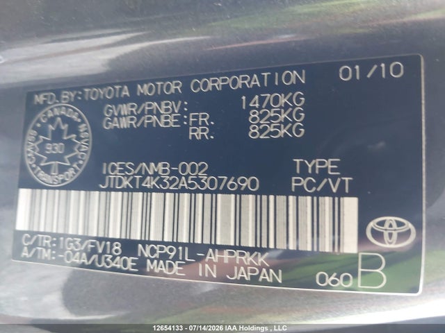 Aukcja sprzedaży 2010 Toyota Yaris, vin: JTDKT4K32A5307690, numer aukcji: 12654133
