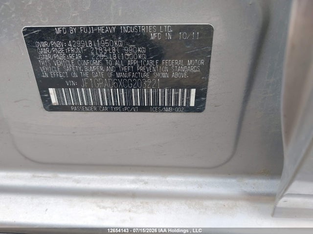 Aukcja sprzedaży 2012 Subaru Impreza 2.0i Touring Package, vin: JF1GPAD6XCG203221, numer aukcji: 12654143