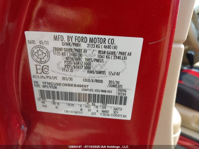 12654147 :رقم المزاد ، 1FMCU9EG9BKB49697 vin ، 2011 Ford Escape Limited مزاد بيع