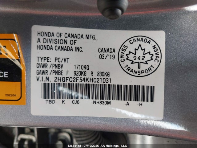 Продаж на аукціоні авто 2019 Honda Civic Lx, vin: 2HGFC2F54KH021031, номер лоту: 12654148