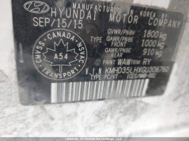 12654149 :رقم المزاد ، KMHD35LHXGU306760 vin ، 2016 Hyundai Elantra Gt Gls مزاد بيع