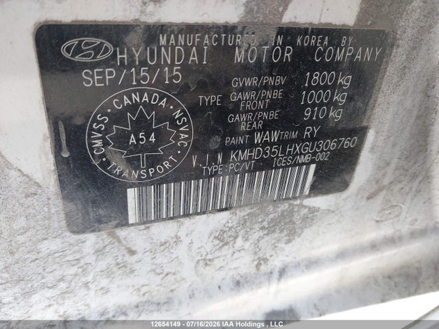 12654149 :رقم المزاد ، KMHD35LHXGU306760 vin ، 2016 Hyundai Elantra Gt Gls مزاد بيع