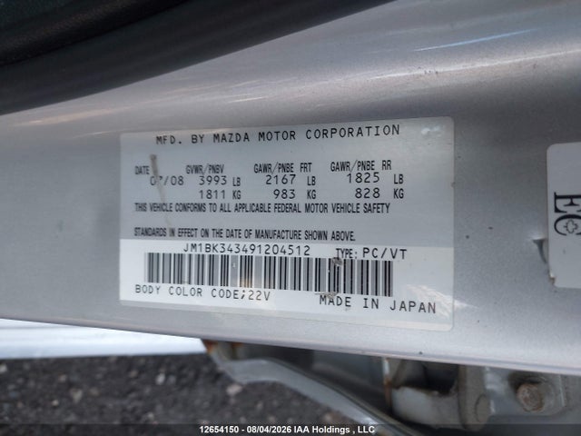 Продажа на аукционе авто 2009 Mazda 3, vin: JM1BK343491204512, номер лота: 12654150