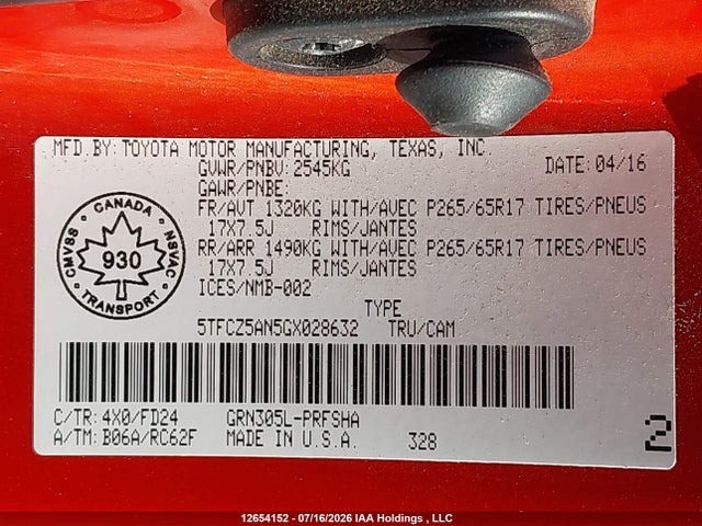 5TFCZ5AN5GX028632 Toyota Tacoma Dbl Cab/sr/sr5/trd Spt/or