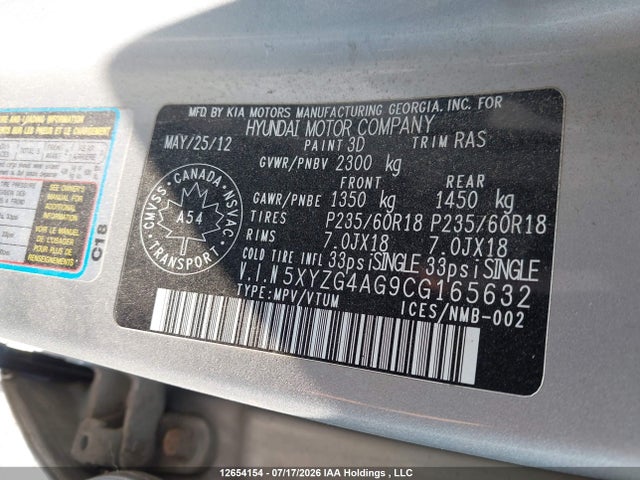 12654154 :رقم المزاد ، 5XYZG4AG9CG165632 vin ، 2012 Hyundai Santa Fe مزاد بيع