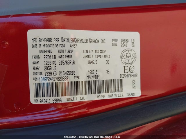 12654161 :رقم المزاد ، 1D4GP24R27B236391 vin ، 2007 Dodge Grand Caravan مزاد بيع