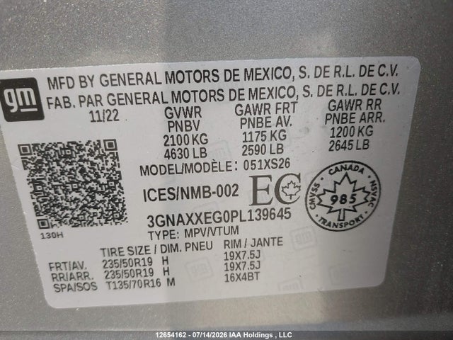 Продаж на аукціоні авто 2023 Chevrolet Equinox Premier, vin: 3GNAXXEG0PL139645, номер лоту: 12654162