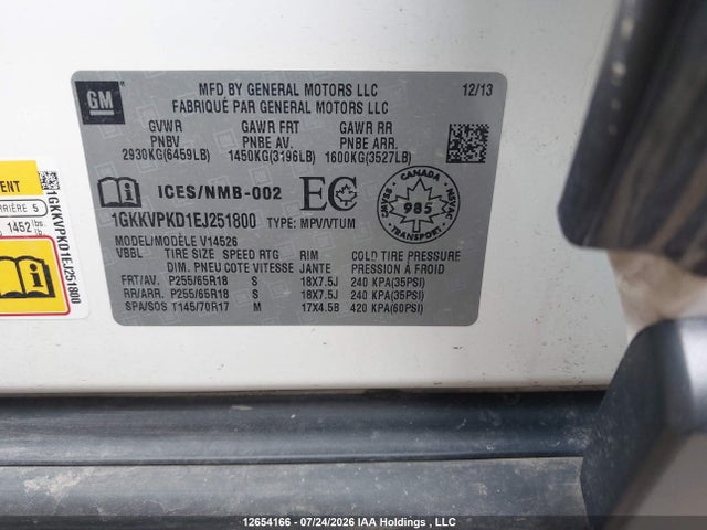 Продаж на аукціоні авто 2014 Gmc Acadia Sle, vin: 1GKKVPKD1EJ251800, номер лоту: 12654166