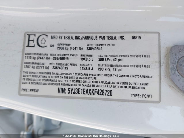 Продажа на аукционе авто 2019 Tesla Model 3 Long Range/mid Range/standard Range/standard Range Plus, vin: 5YJ3E1EAXKF428720, номер лота: 12654168