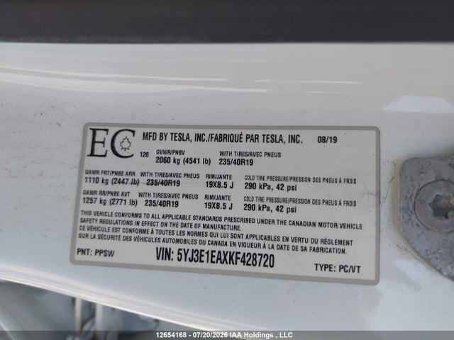 Продажа на аукционе авто 2019 Tesla Model 3 Long Range/mid Range/standard Range/standard Range Plus, vin: 5YJ3E1EAXKF428720, номер лота: 12654168