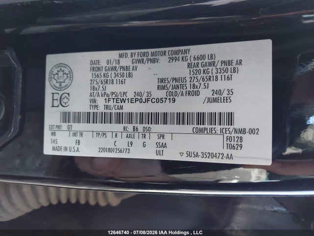 12646740 :رقم المزاد ، 1FTEW1EP0JFC05719 vin ، 2018 Ford F-150 Lariat/xl/xlt مزاد بيع