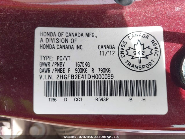 Продаж на аукціоні авто 2013 Honda Civic Lx, vin: 2HGFB2E41DH000099, номер лоту: 12643846