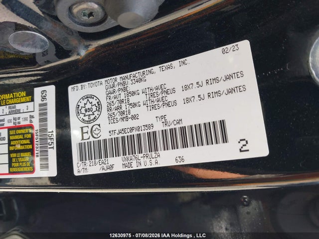 Продажа на аукционе авто 2023 Toyota Tundra Limited, vin: 5TFJA5EC0PX013589, номер лота: 12630975