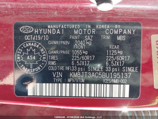 Продажа на аукционе авто 2011 Hyundai Tucson Gl, vin: KM8JT3AC5BU195137, номер лота: 12650240