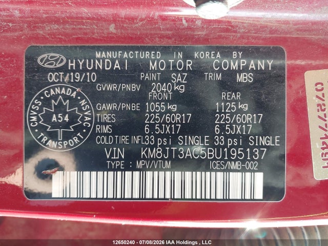 Продажа на аукционе авто 2011 Hyundai Tucson Gl, vin: KM8JT3AC5BU195137, номер лота: 12650240