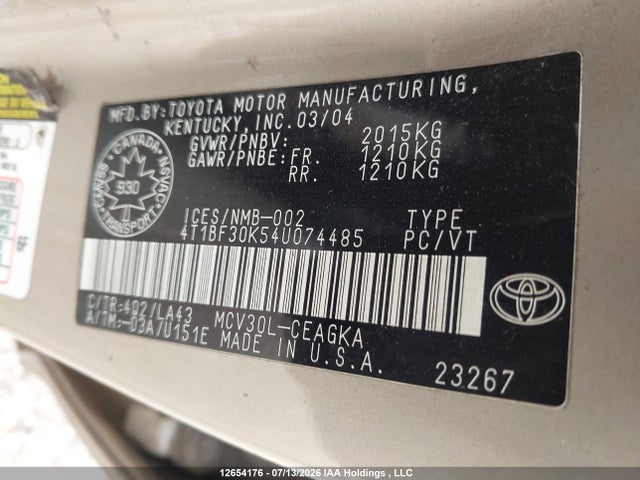 Aukcja sprzedaży 2004 Toyota Camry Le/xle/se, vin: 4T1BF30K54U074485, numer aukcji: 12654176