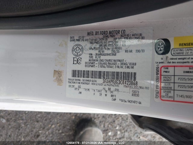 Aukcja sprzedaży 2012 Ford Fusion Sel, vin: 3FAHP0JG3CR423868, numer aukcji: 12654178