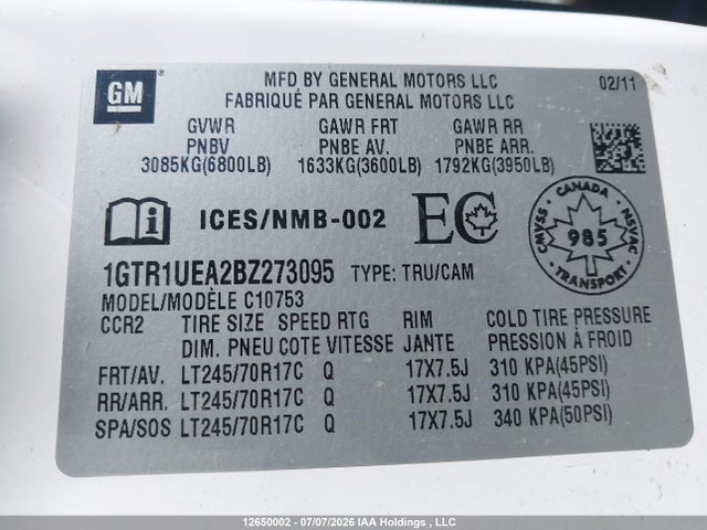 Aukcja sprzedaży 2011 Gmc Sierra 1500 Sl, vin: 1GTR1UEA2BZ273095, numer aukcji: 12650002