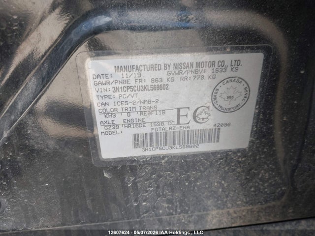 3N1CP5CU3KL569602 Nissan Kicks S/sr/sv
