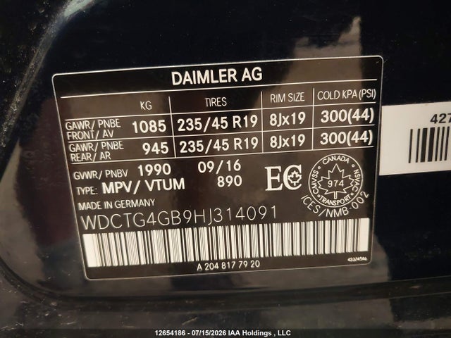 2017 Mercedes-benz Gla 250 4matic მანქანა იყიდება აუქციონზე, vin: WDCTG4GB9HJ314091, აუქციონის ნომერი: 12654186